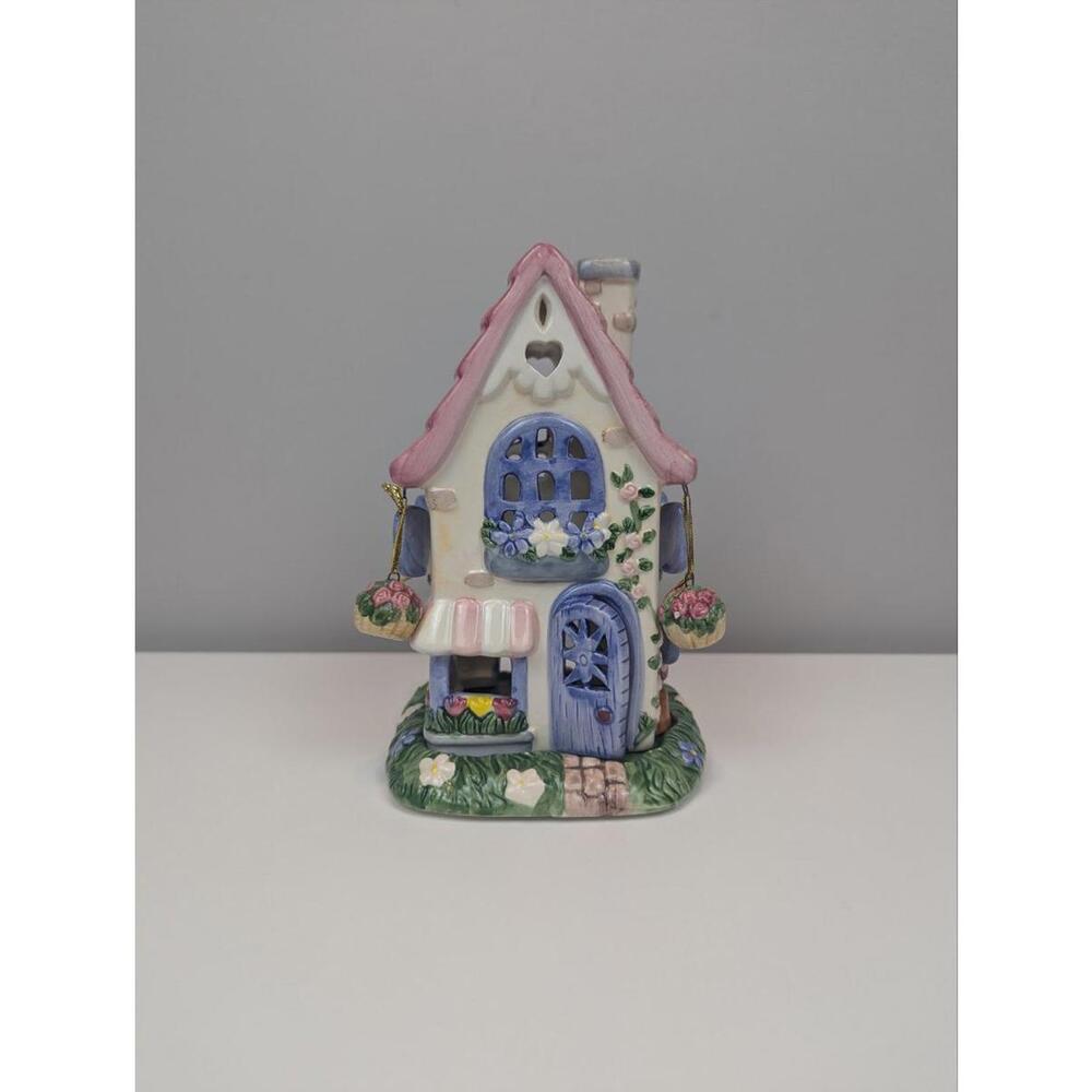 Ceramic Cottage House Tealight Candle Holder Roof Floral Decor Decorative Figur